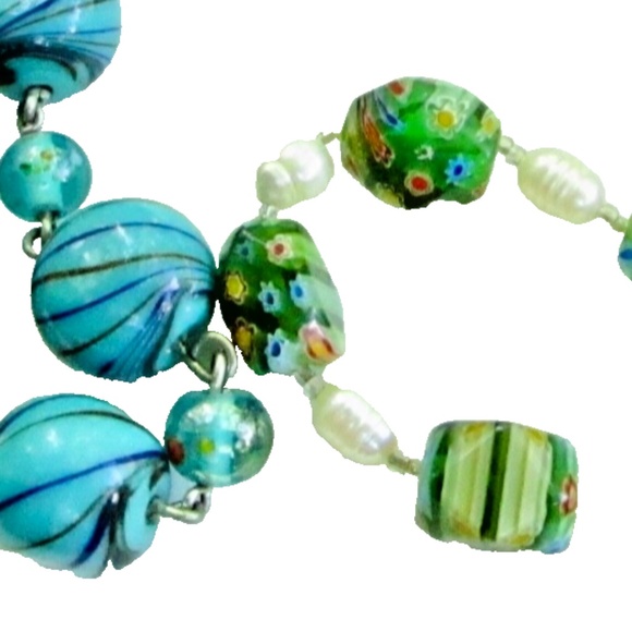 2 glass bead necklaces in green, 1 millefiori, 1 modern, wear or repurpose - Picture 3 of 10
